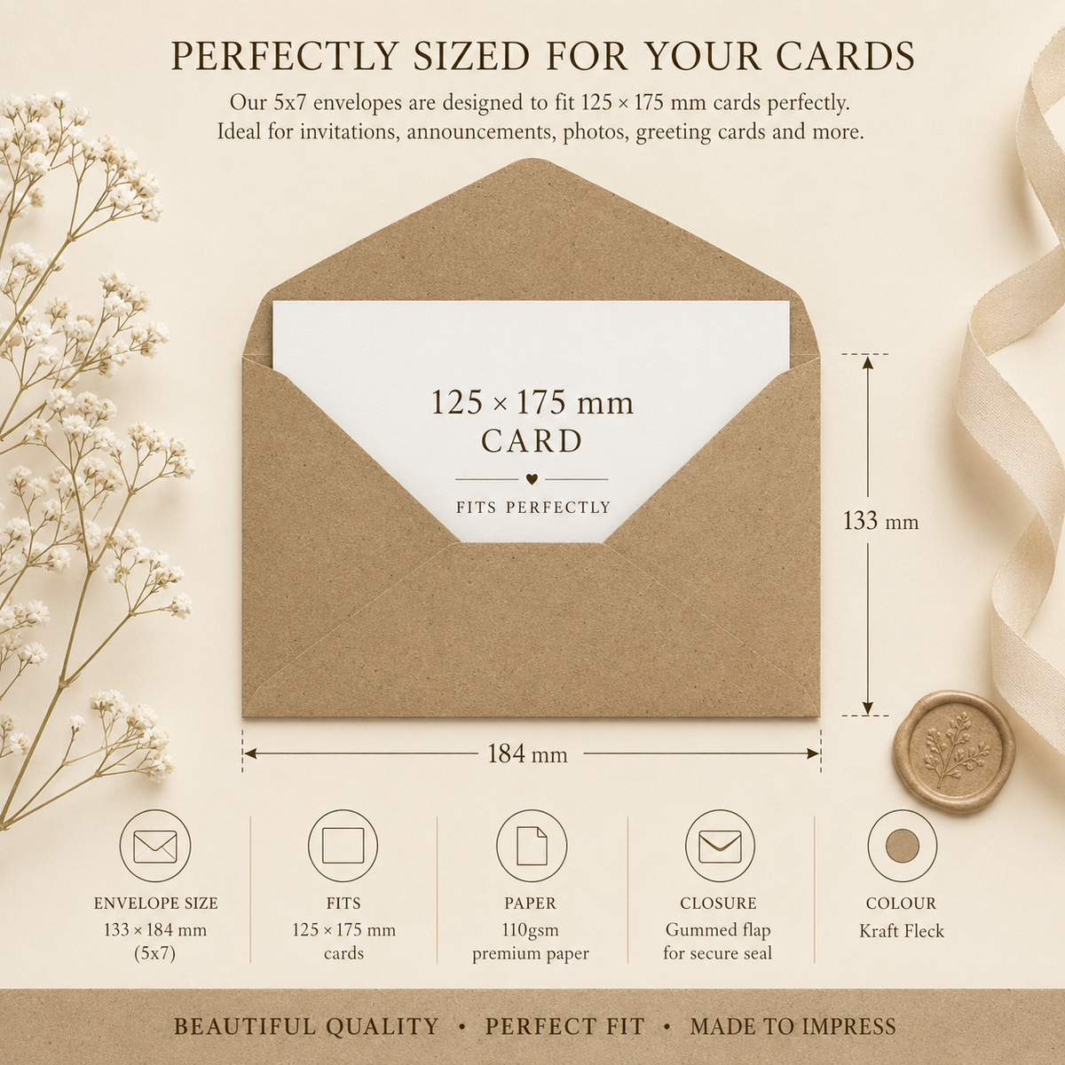 5x7 Recycled Kraft Fleck Envelopes – 133 × 184mm