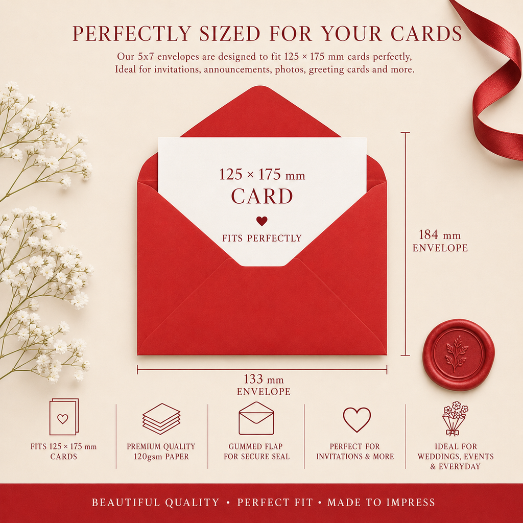 5x7 Pure Red Envelopes – 120gsm – 133 × 184mm