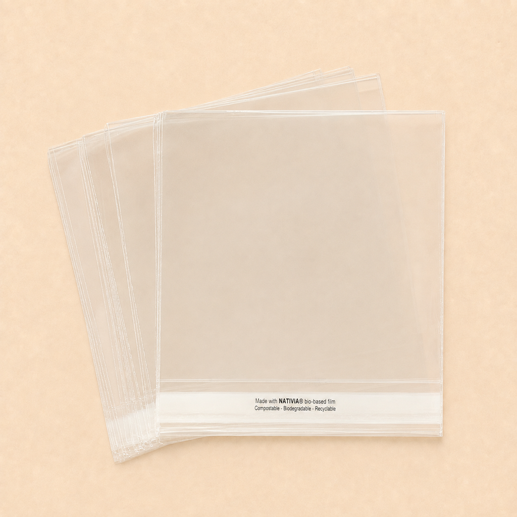6x6 Compostable Cello Bags – Self Seal Card Sleeves – 155 × 160mm + 30mm Flap