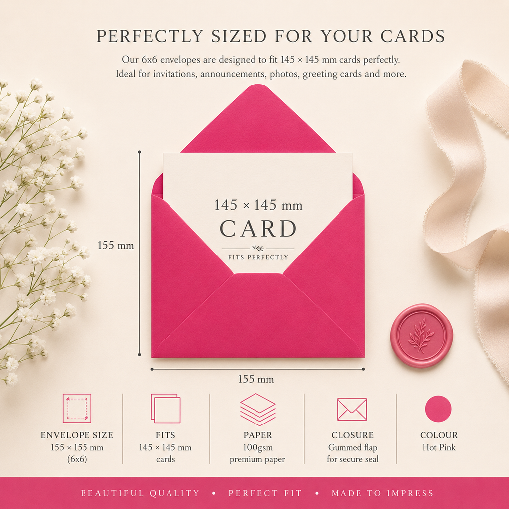 6x6 Hot Pink Envelopes – 100gsm – 155 × 155mm