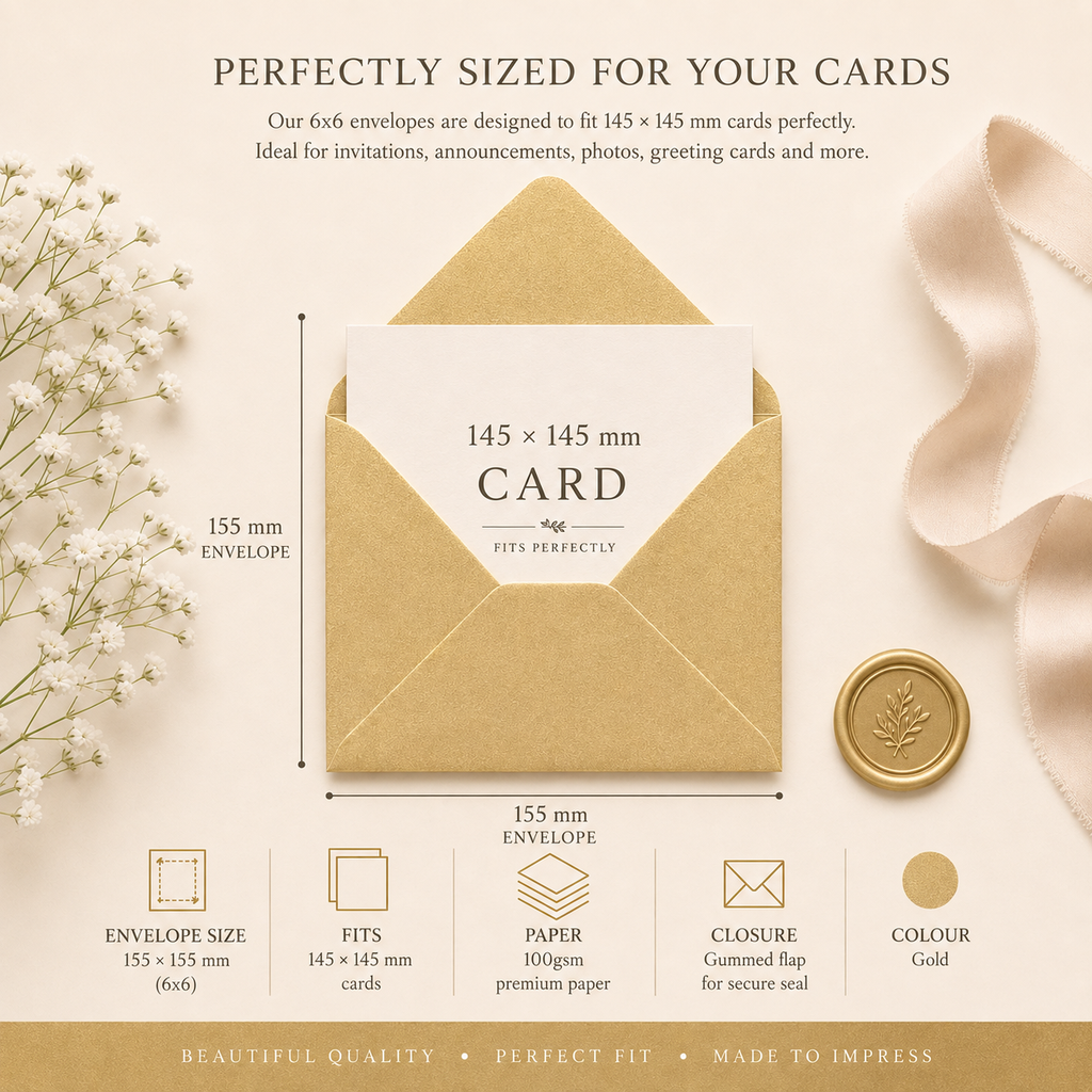 6x6 Metallic Gold Envelopes – 100gsm – 155 × 155mm