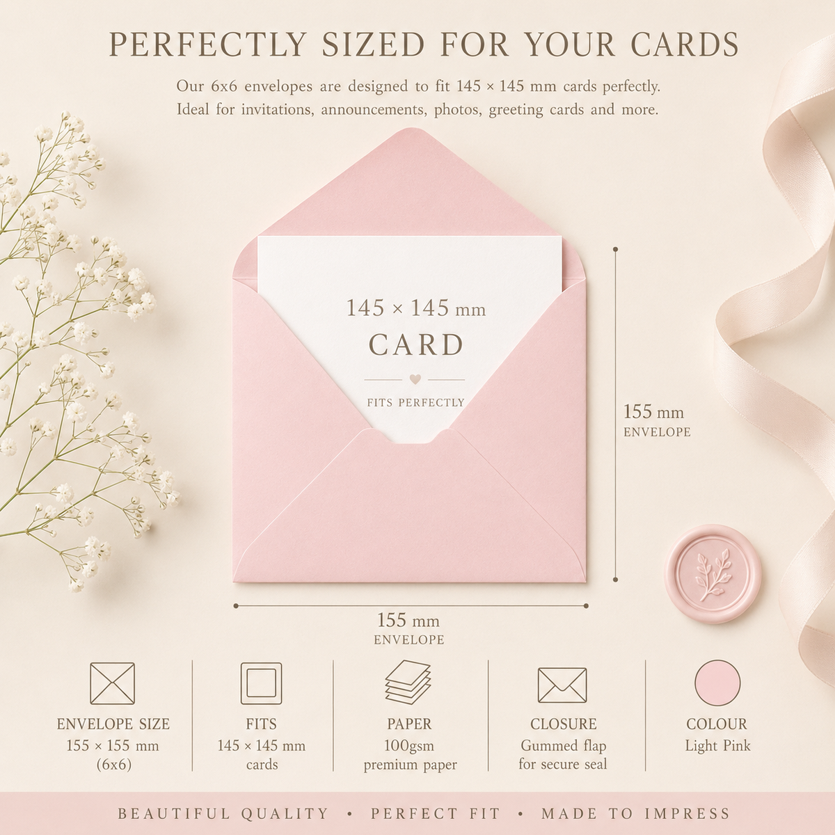 6x6 Light Pink Envelopes – 100gsm – 155 × 155mm