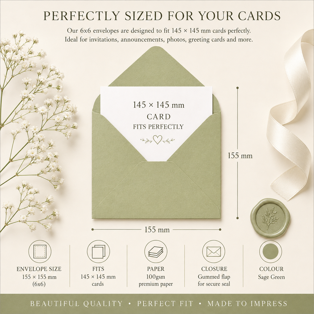 6x6 Sage Green Envelopes – 100gsm – 155 × 155mm