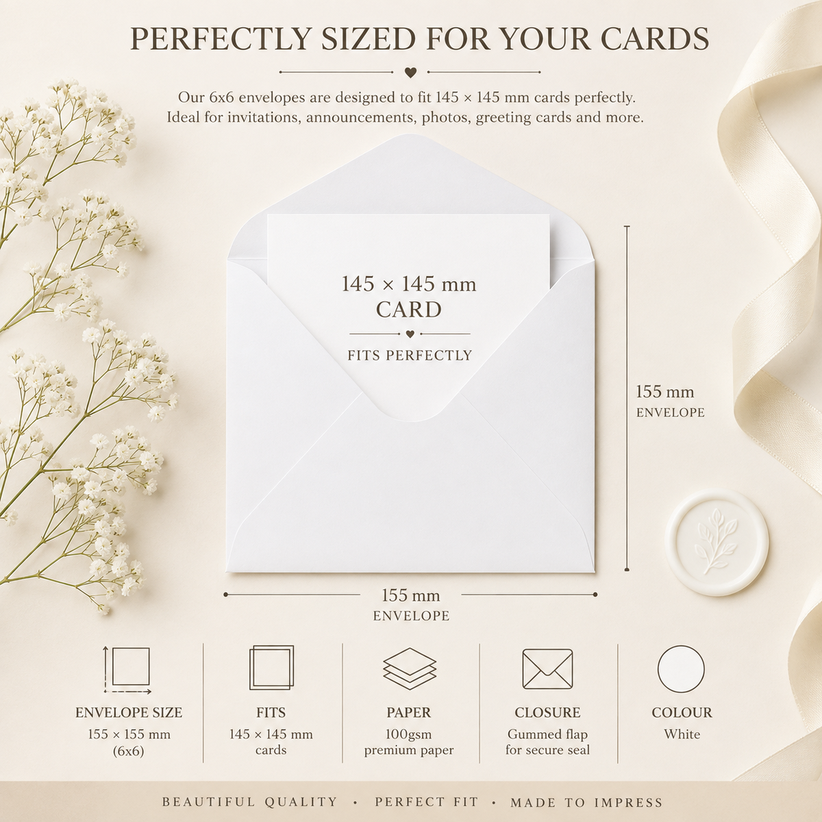 6x6 White Envelopes – 100gsm – 155 × 155mm