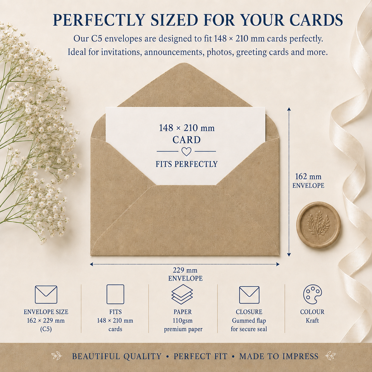 C5 Recycled Kraft Fleck Envelopes – 110gsm – 162 × 229mm