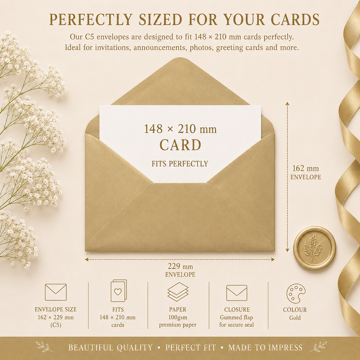 C5 Metallic Gold Envelopes – 162 × 229mm