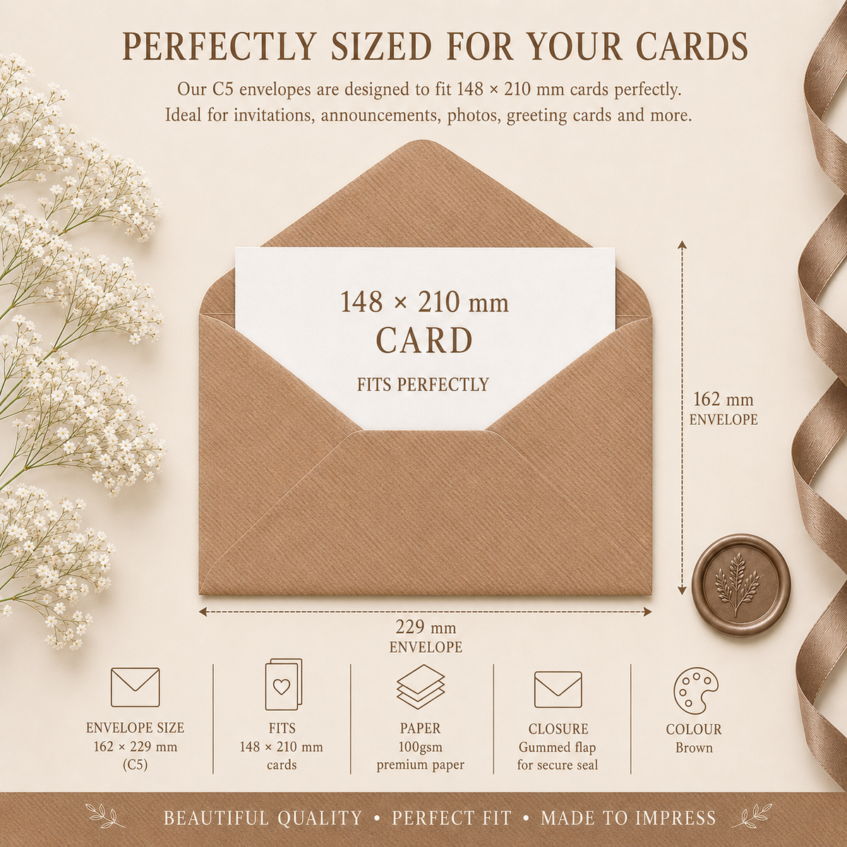 C5 Recycled Ribbed Brown Envelopes – 162 × 229mm