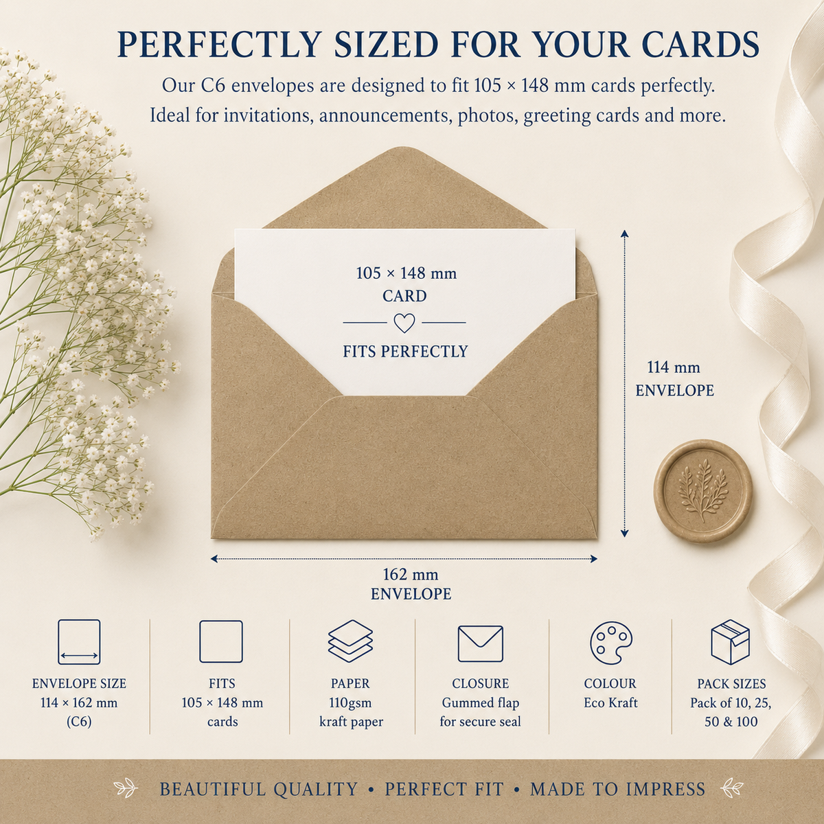 C6 Recycled Kraft Fleck Envelopes – 110gsm – 114 × 162mm