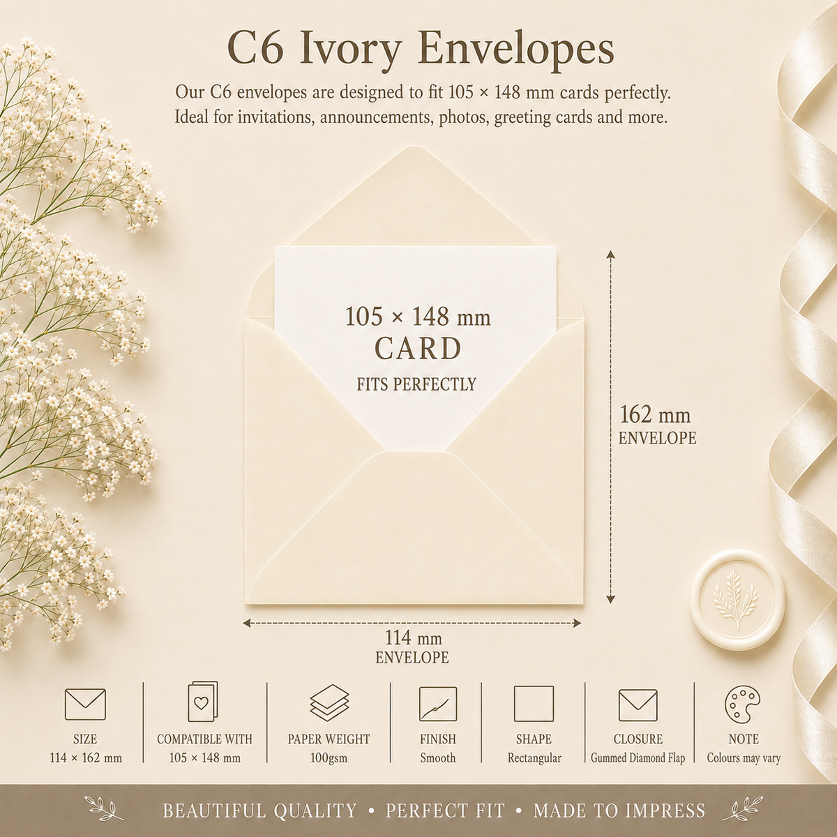 C6 Ivory Cream Envelopes – 100gsm – 114 × 162mm
