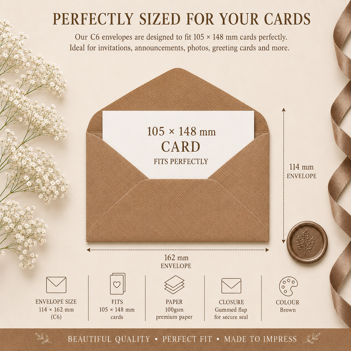 C6 Recycled Ribbed Brown Envelopes – 100gsm – 114 × 162mm