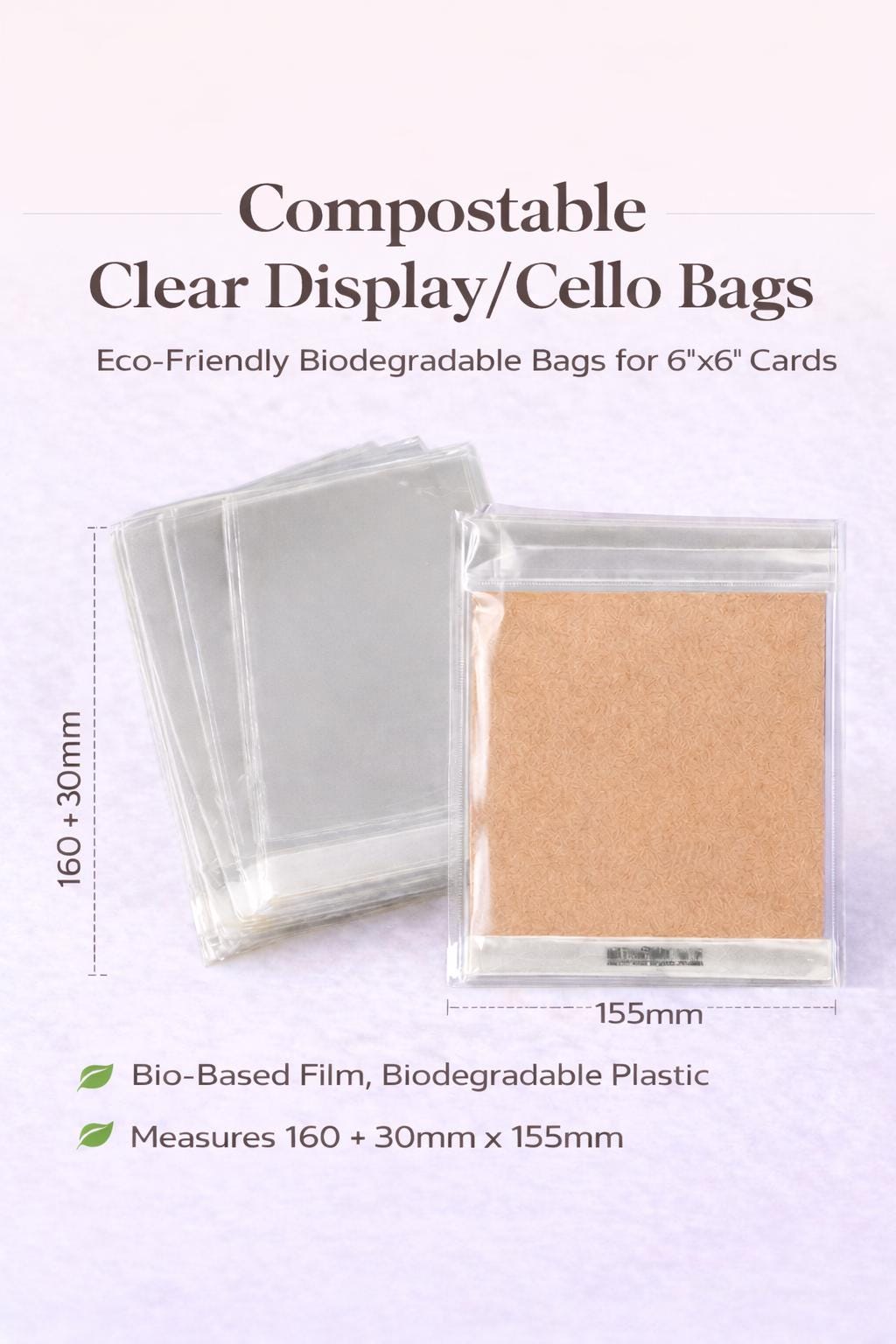 Compostable Cello Bags for 6x6 Cards | Self Seal Eco Display Sleeves (160 x 155mm) __etsy:7972696554