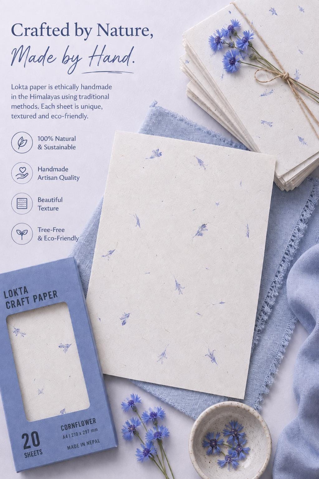 Handmade Lokta Paper A4 – Cornflower Petal Floral Craft Paper – Scrapbooking, Journaling, Invitations (20 Sheets) __etsy:8051811807