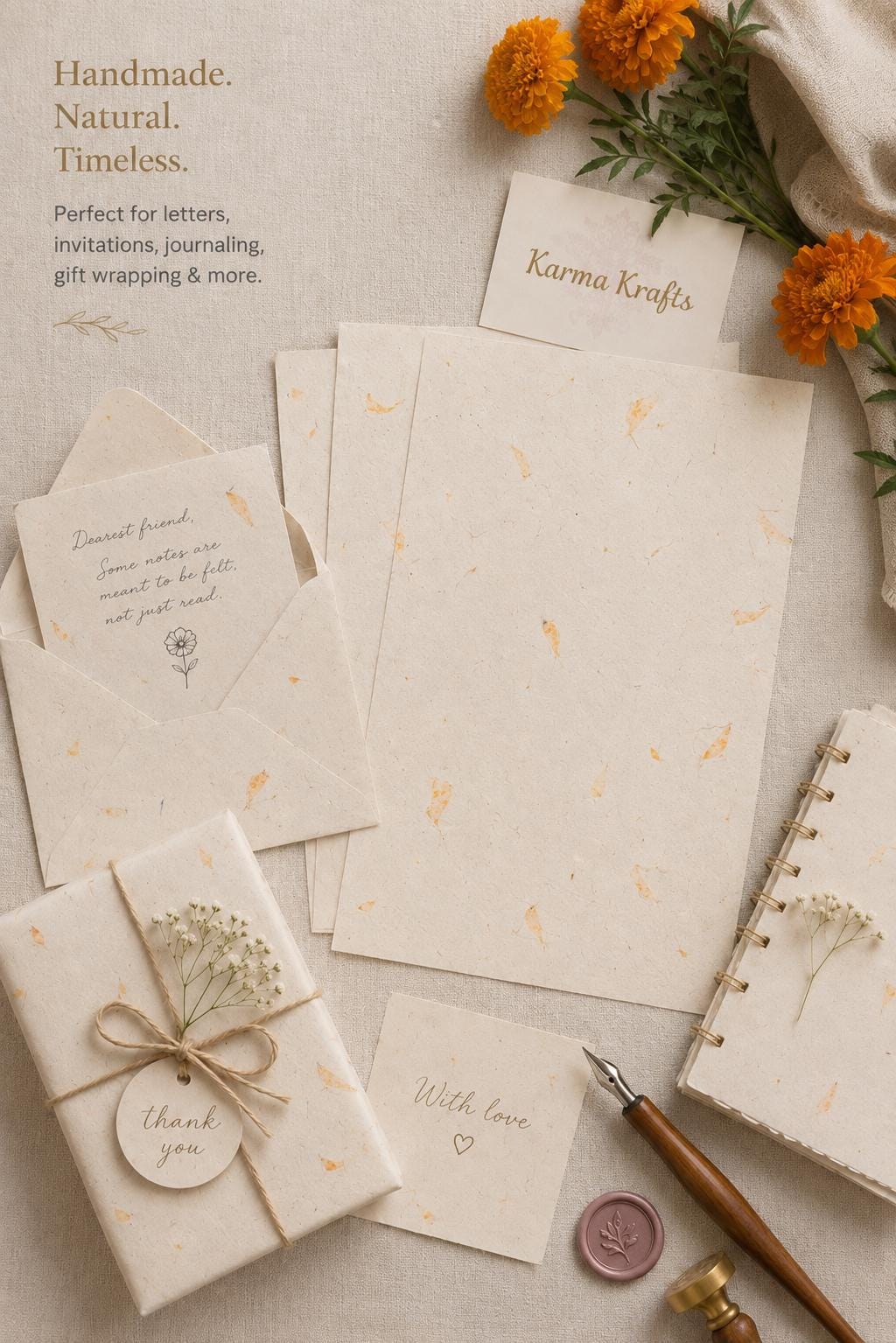 Handmade Marigold Lokta Paper – Textured Floral Craft Paper, 20 Sheets (A4) __etsy:8045532841