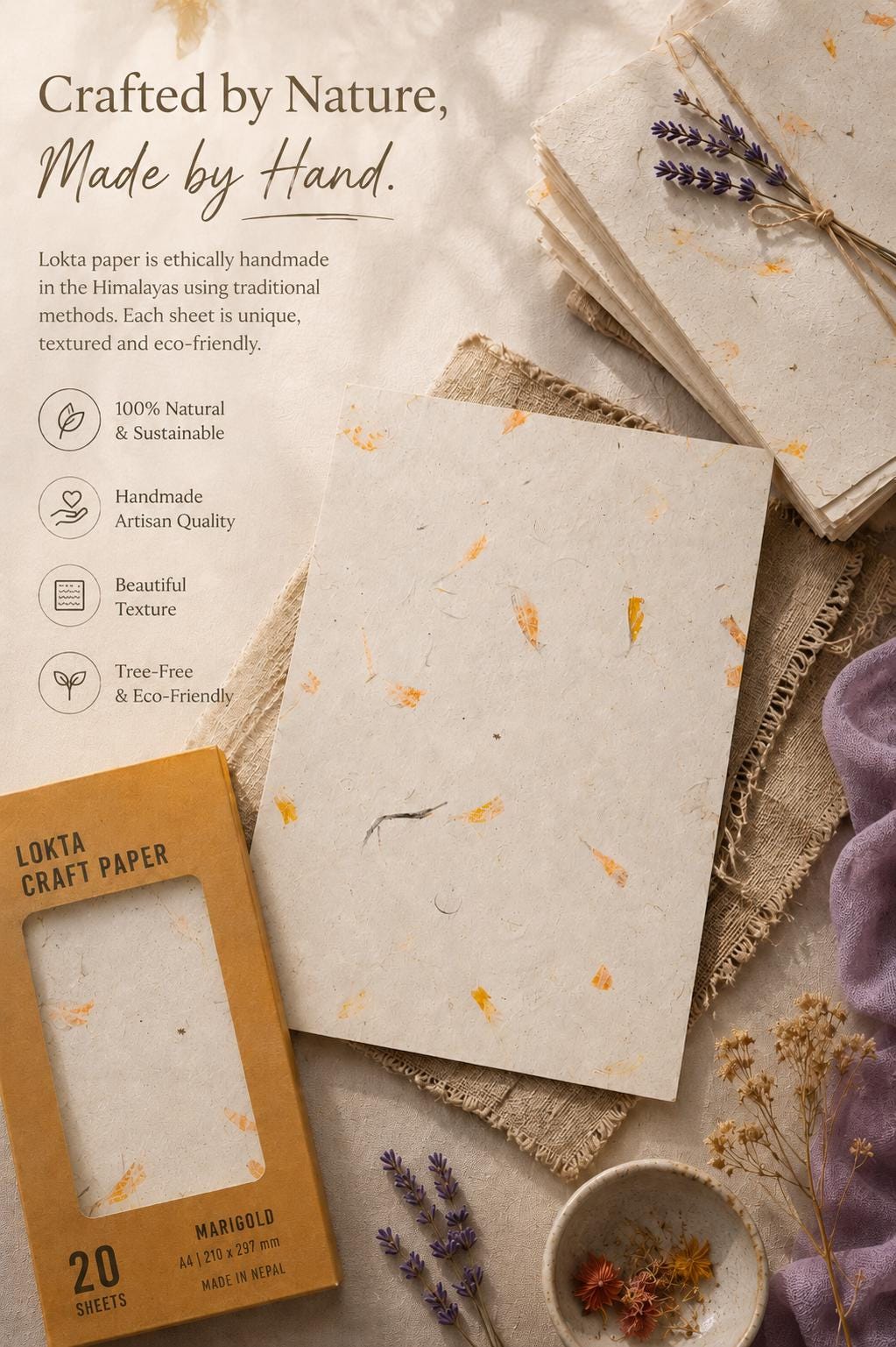 Handmade Marigold Lokta Paper – Textured Floral Craft Paper, 20 Sheets (A4) __etsy:8003806068