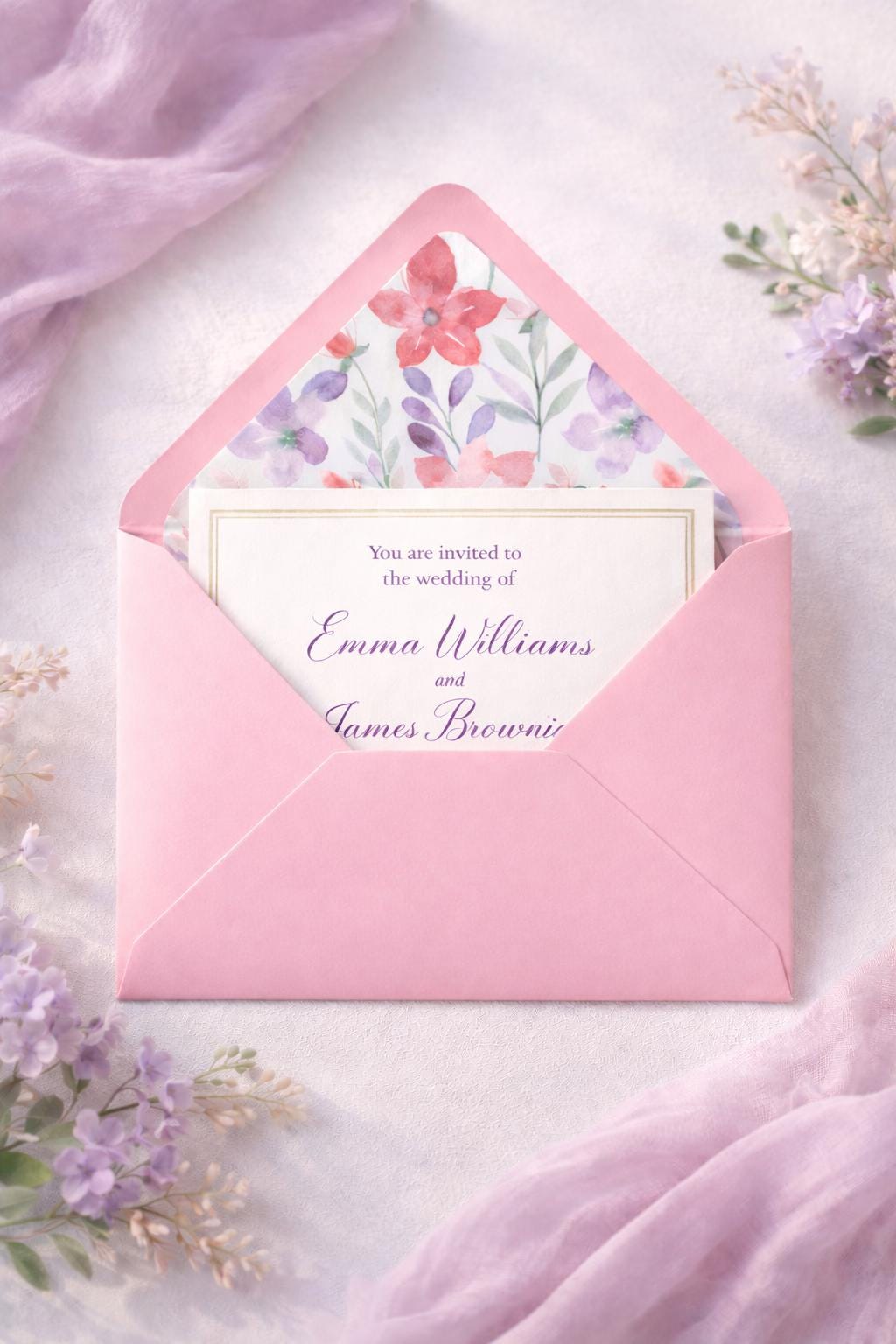 Baby Pink Lined Envelopes | Floral Wedding Invitation Stationery (5x7 inches)