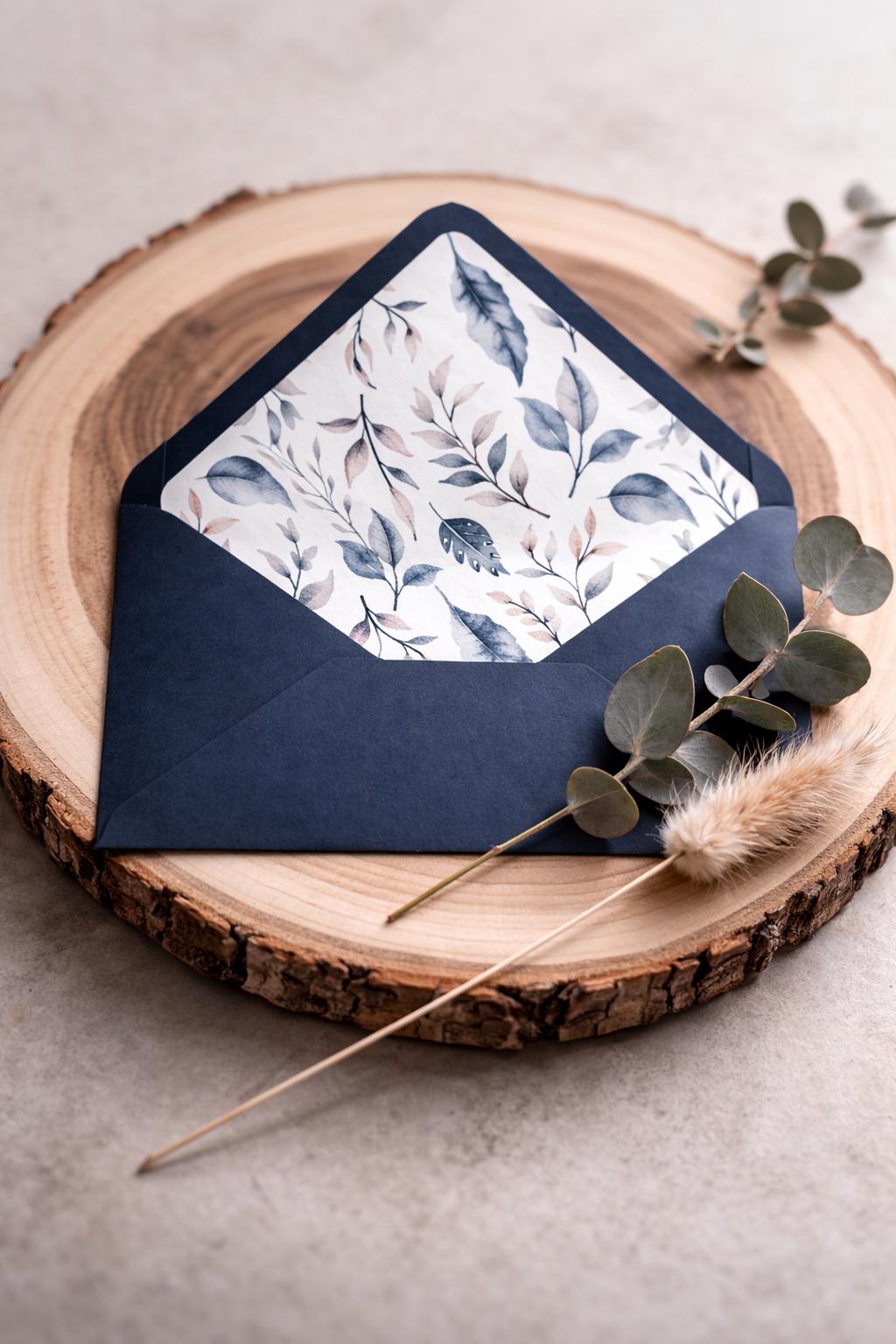 Navy Floral Lined Envelopes | Luxury Wedding Invitation Stationery (5x7 inches)