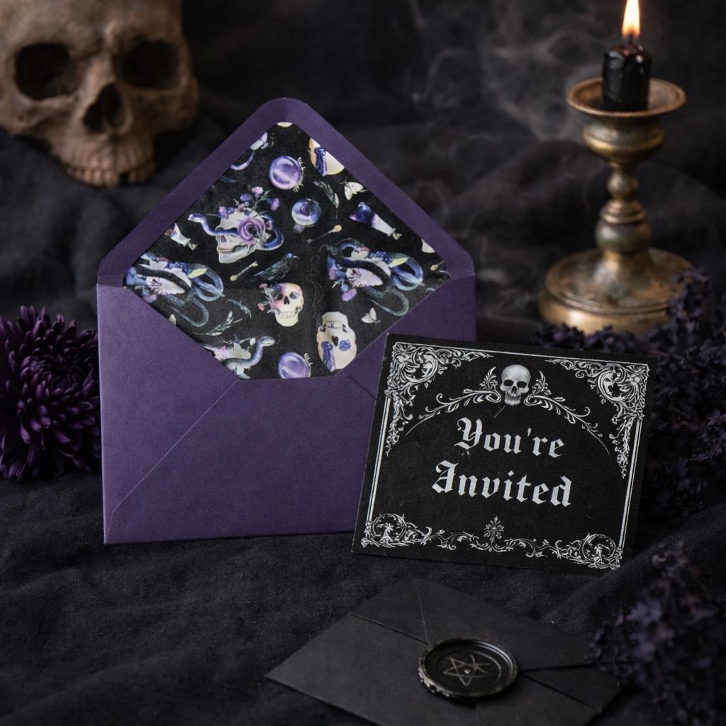 5x7 Gothic Lined Envelopes | Dark Wedding Invitation Envelopes | Skull & Celestial Envelope Liners | Handmade UK