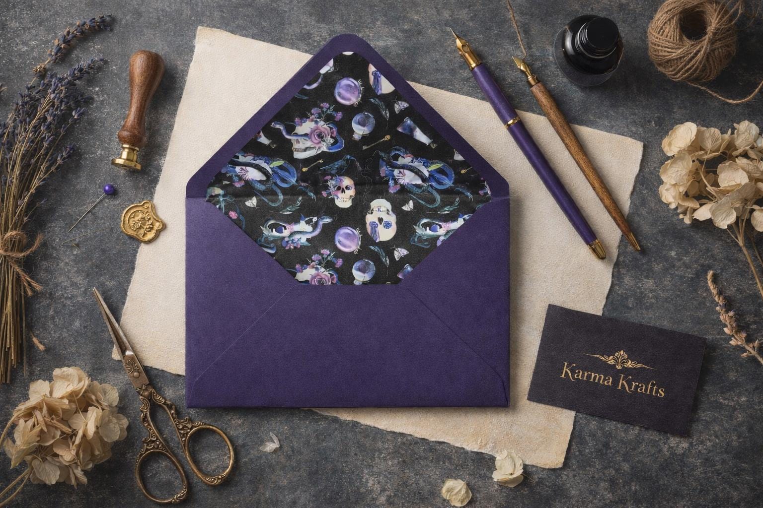 5x7 Gothic Lined Envelopes | Dark Wedding Invitation Envelopes | Skull & Celestial Envelope Liners | Handmade UK
