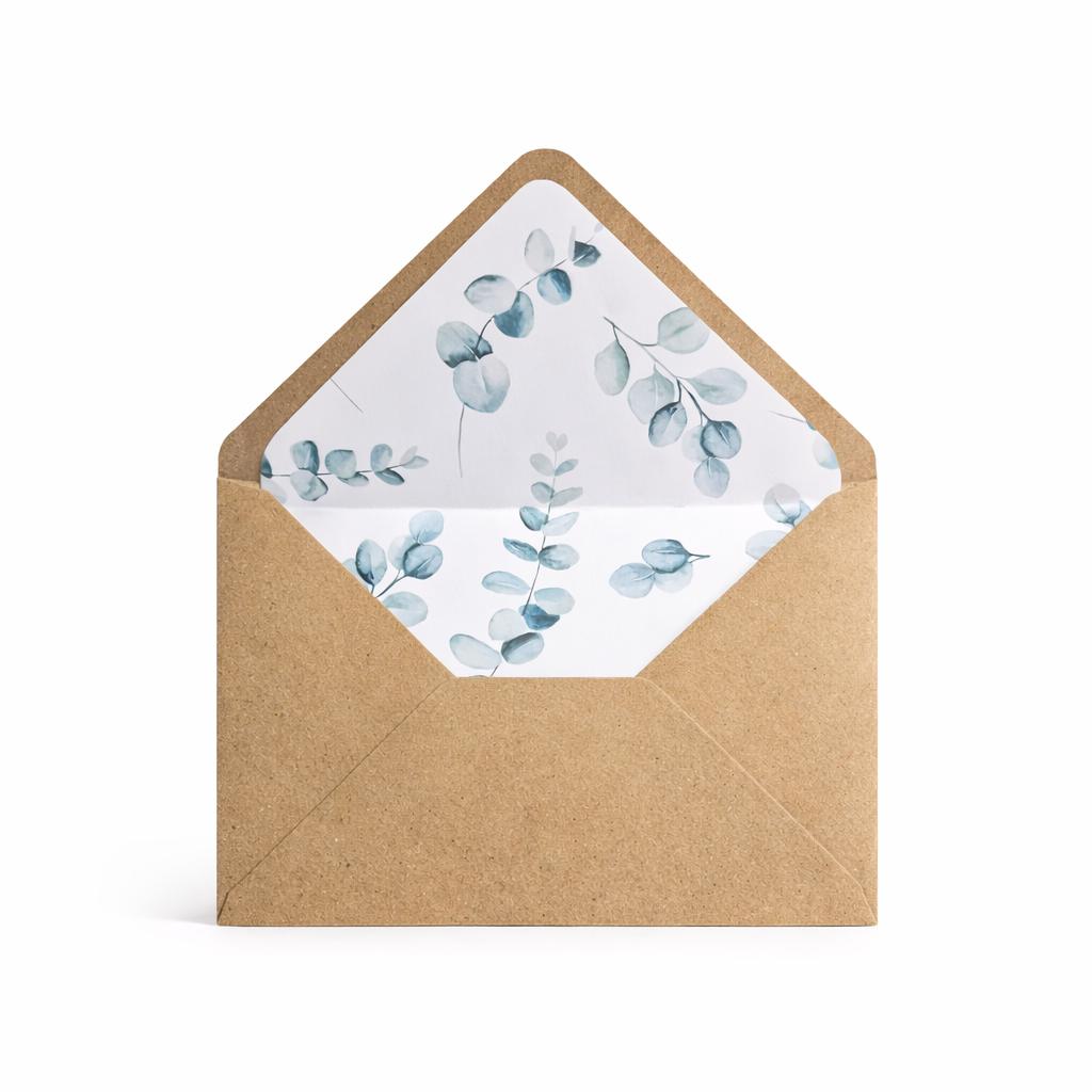 5x7 Kraft Lined Envelopes | Rustic Wedding Invitation Envelopes | Eucalyptus Floral Envelope Liners | Handmade UK