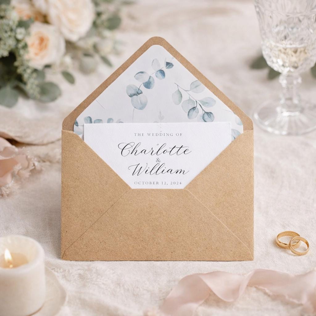 5x7 Kraft Lined Envelopes | Rustic Wedding Invitation Envelopes | Eucalyptus Floral Envelope Liners | Handmade UK