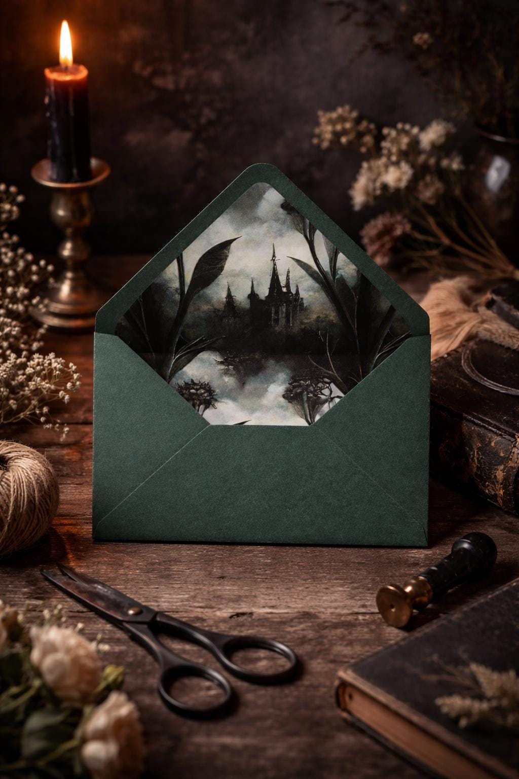 5x7 Gothic Wedding Lined Envelopes | Dark Green Castle Invitation Envelopes | Alternative Handmade UK