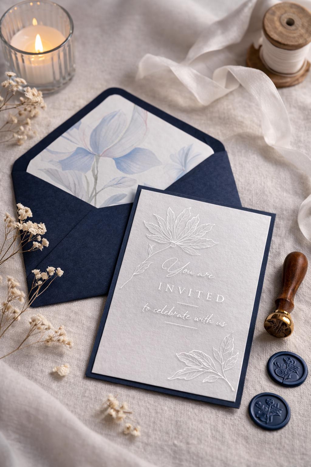 5x7 Navy Lined Envelopes | Blue Floral Wedding Invitation Envelopes | Luxury Handmade UK