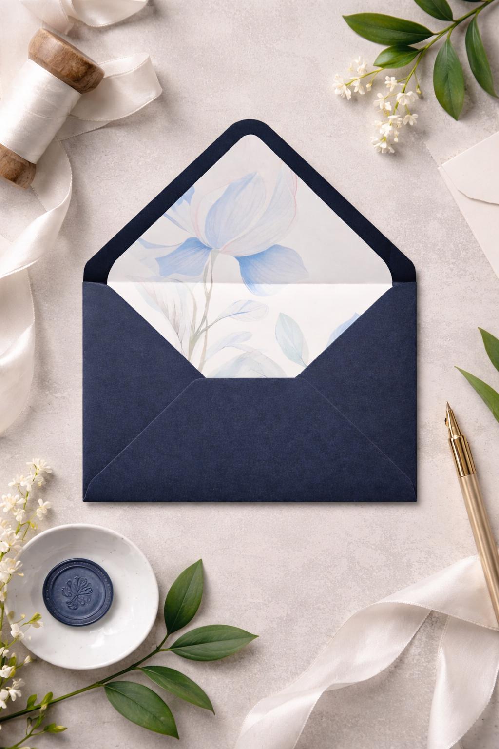 5x7 Navy Lined Envelopes | Blue Floral Wedding Invitation Envelopes | Luxury Handmade UK