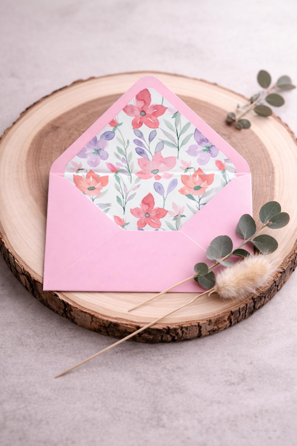 Baby Pink Lined Envelopes | Floral Wedding Invitation Stationery (5x7 inches)