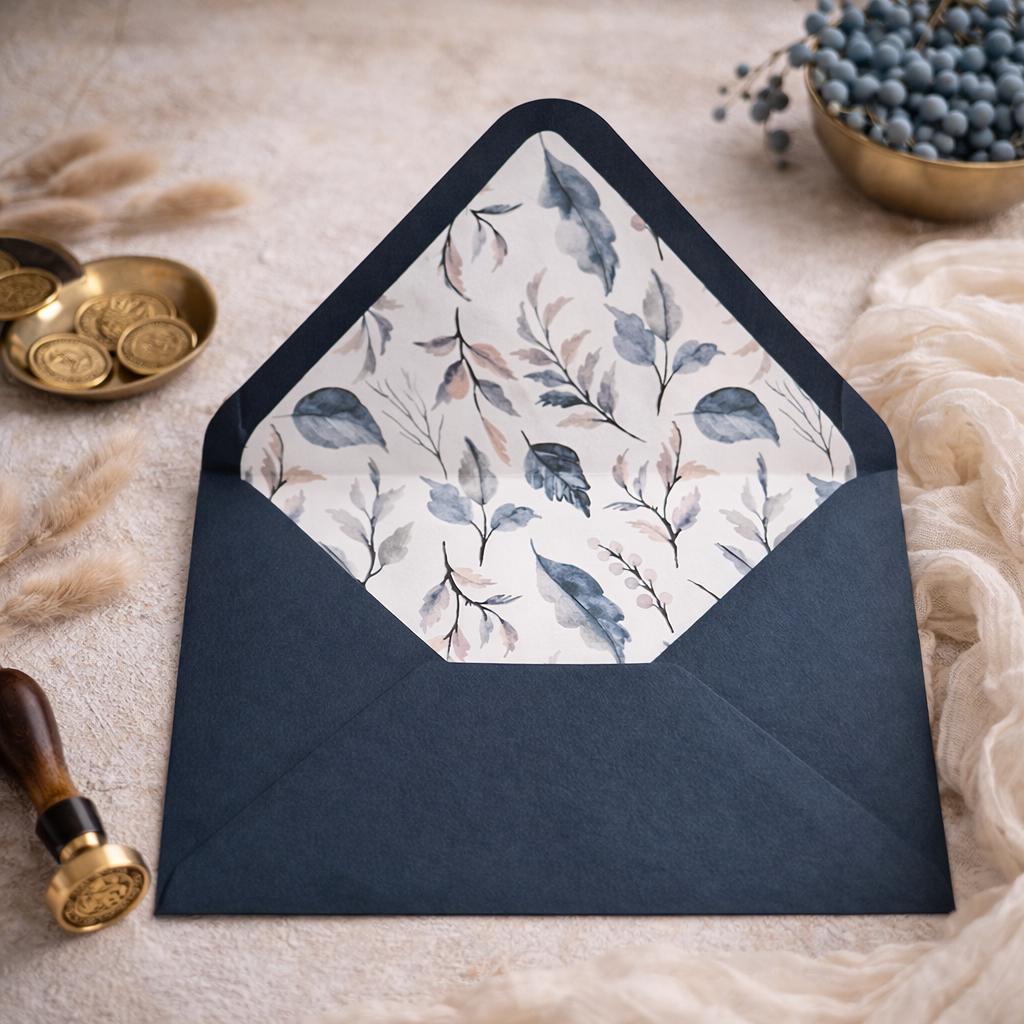 Navy Floral Lined Envelopes | Luxury Wedding Invitation Stationery (5x7 inches)