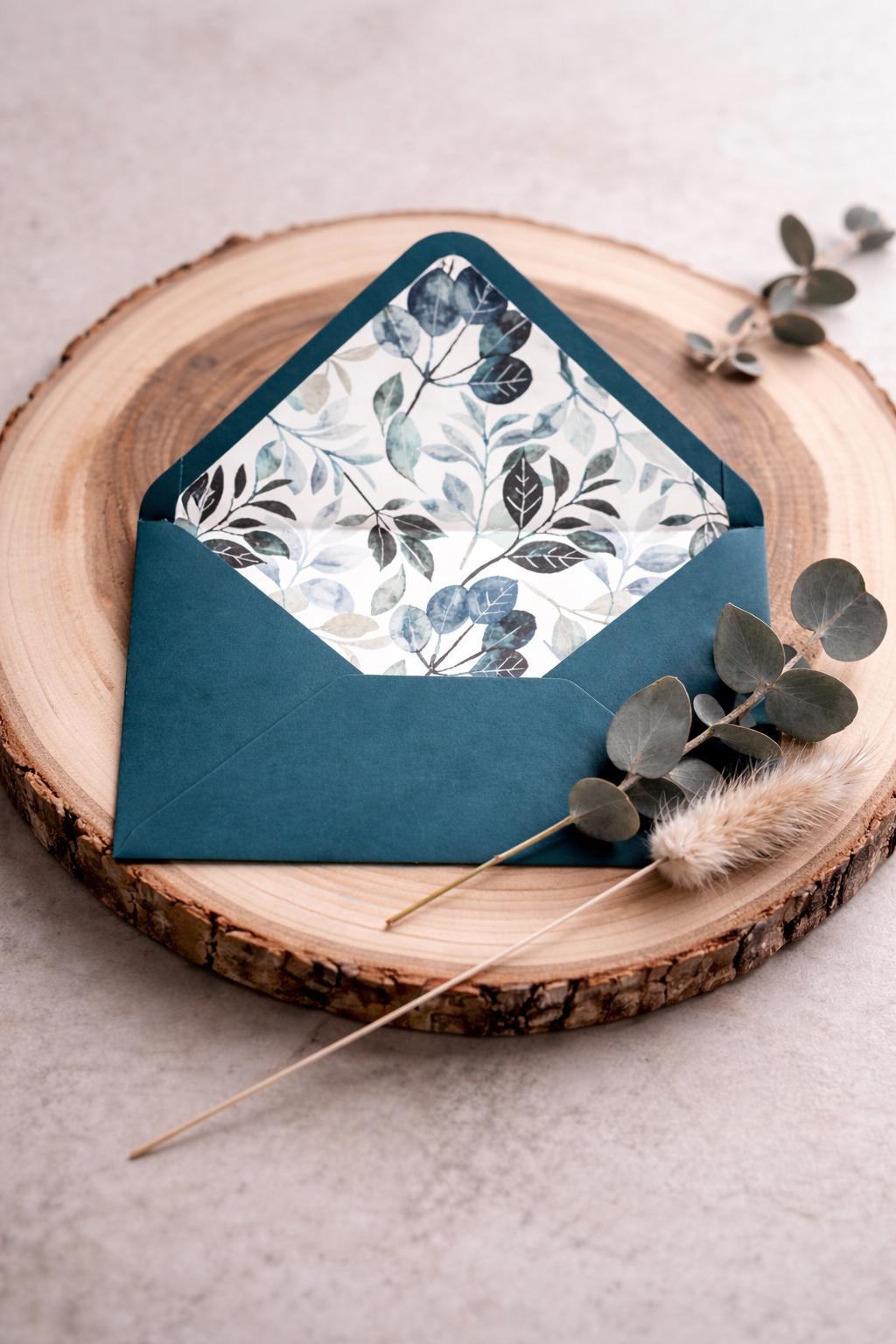 5x7 Teal Lined Envelopes | Botanical Wedding Invitation Envelopes | Luxury Floral Envelope Liners | Handmade UK