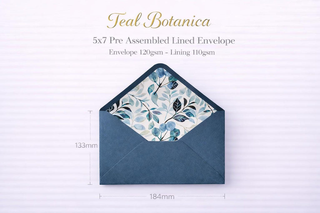 5x7 Teal Lined Envelopes | Botanical Wedding Invitation Envelopes | Luxury Floral Envelope Liners | Handmade UK