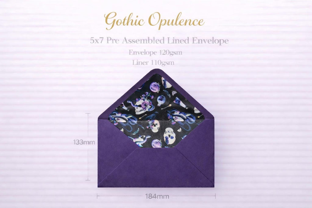 5x7 Gothic Lined Envelopes | Dark Wedding Invitation Envelopes | Skull & Celestial Envelope Liners | Handmade UK