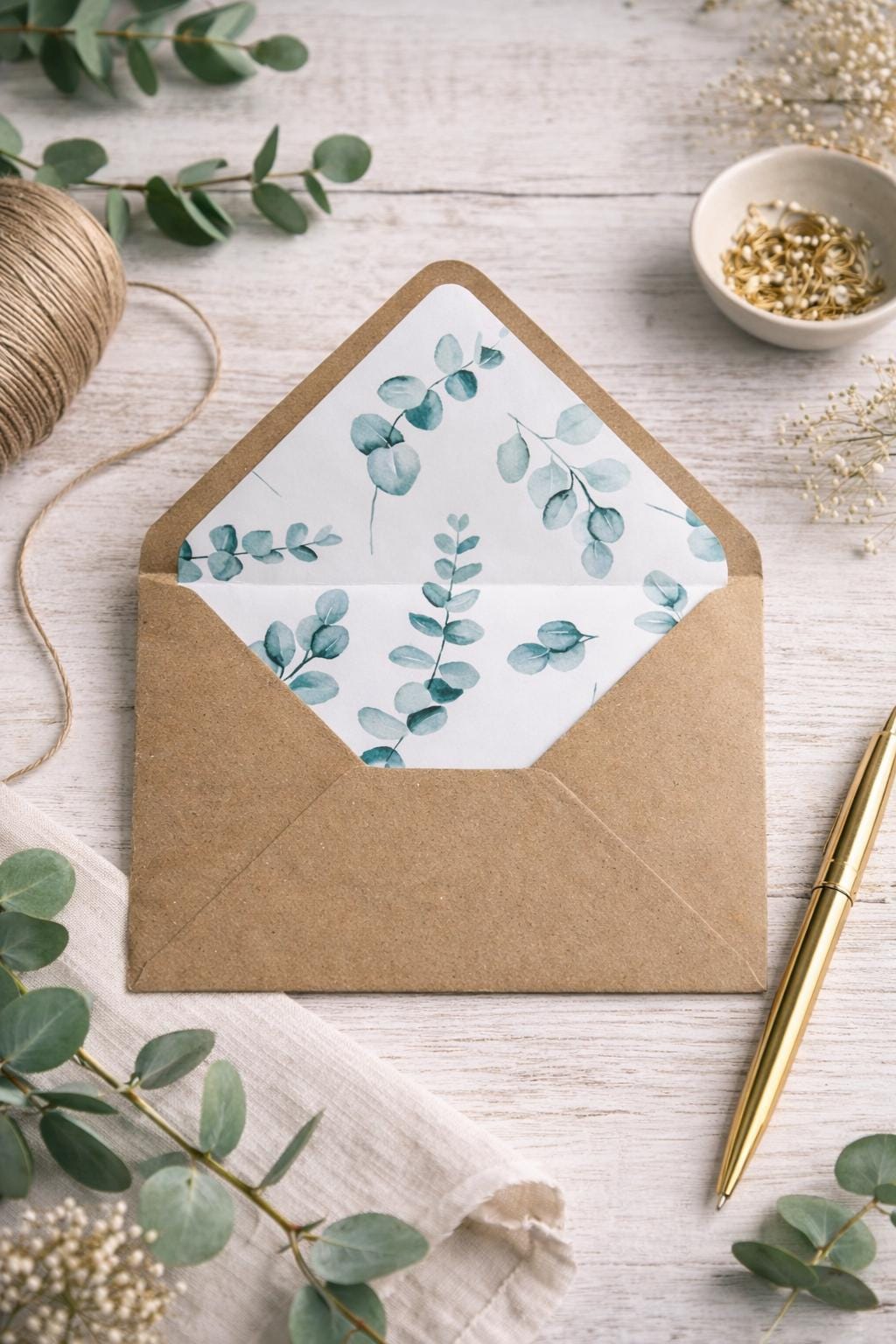5x7 Kraft Lined Envelopes | Rustic Wedding Invitation Envelopes | Eucalyptus Floral Envelope Liners | Handmade UK