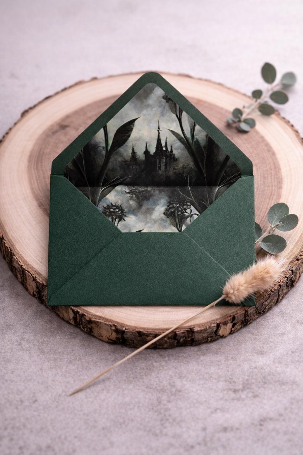 5x7 Gothic Wedding Lined Envelopes | Dark Green Castle Invitation Envelopes | Alternative Handmade UK