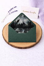 5x7 Gothic Wedding Lined Envelopes | Dark Green Castle Invitation Envelopes | Alternative Handmade UK