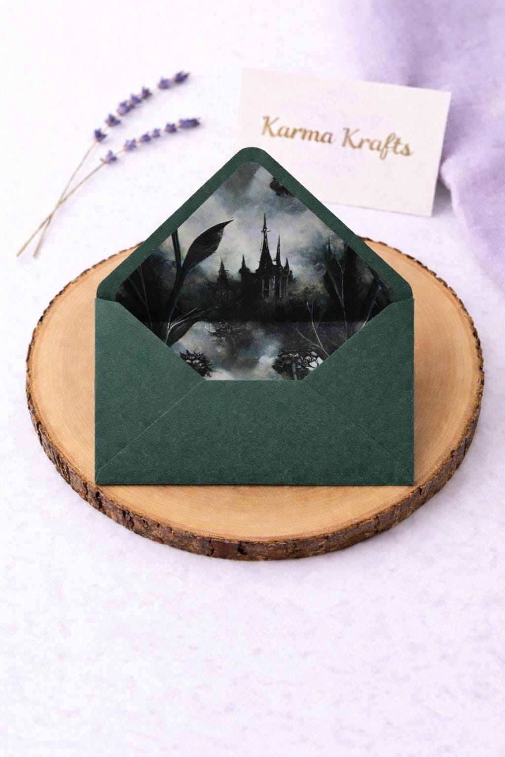 5x7 Gothic Wedding Lined Envelopes | Dark Green Castle Invitation Envelopes | Alternative Handmade UK