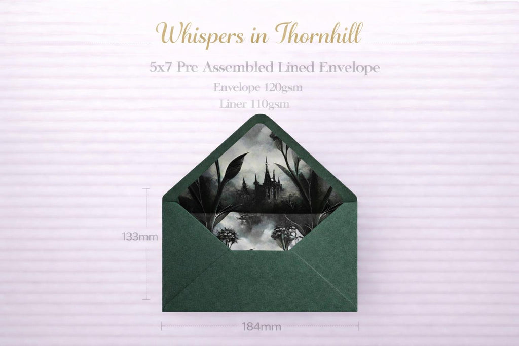 5x7 Gothic Wedding Lined Envelopes | Dark Green Castle Invitation Envelopes | Alternative Handmade UK