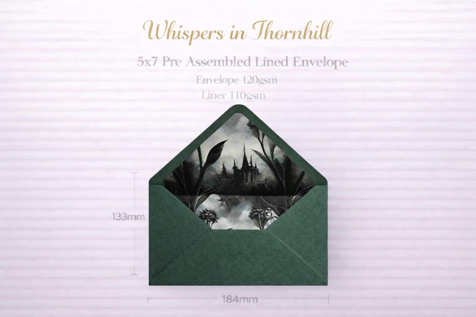 5x7 Gothic Wedding Lined Envelopes | Dark Green Castle Invitation Envelopes | Alternative Handmade UK