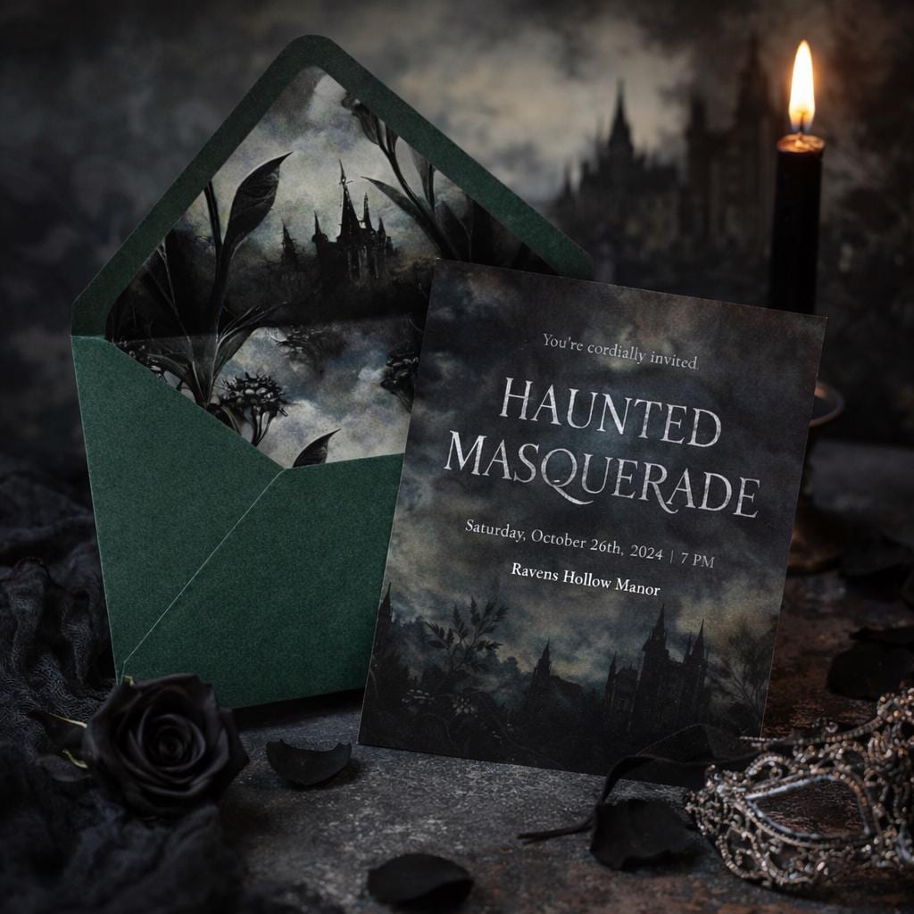 5x7 Gothic Wedding Lined Envelopes | Dark Green Castle Invitation Envelopes | Alternative Handmade UK