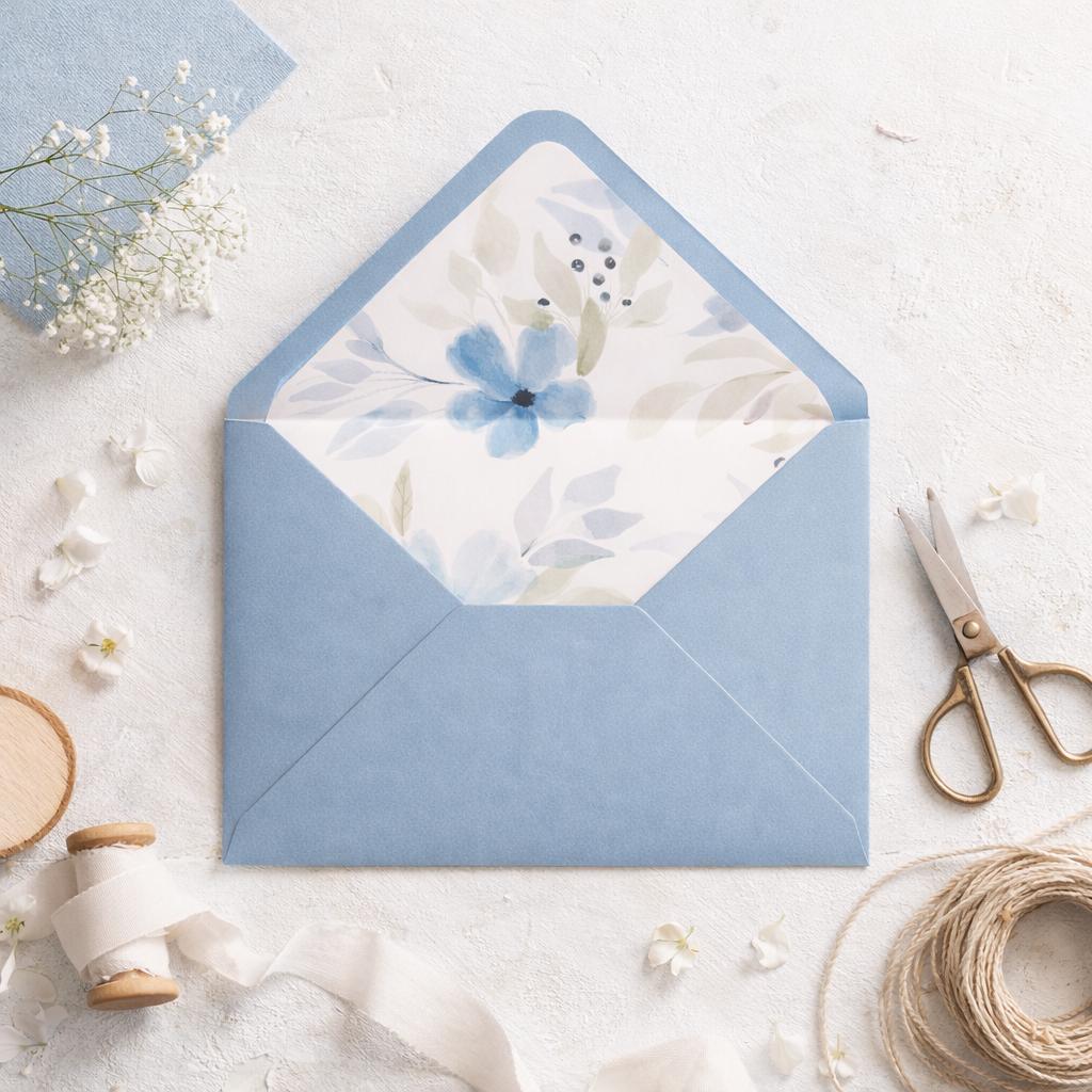 Dusty Blue 5x7 Envelopes with Watercolour Floral Liner | Wedding Stationery