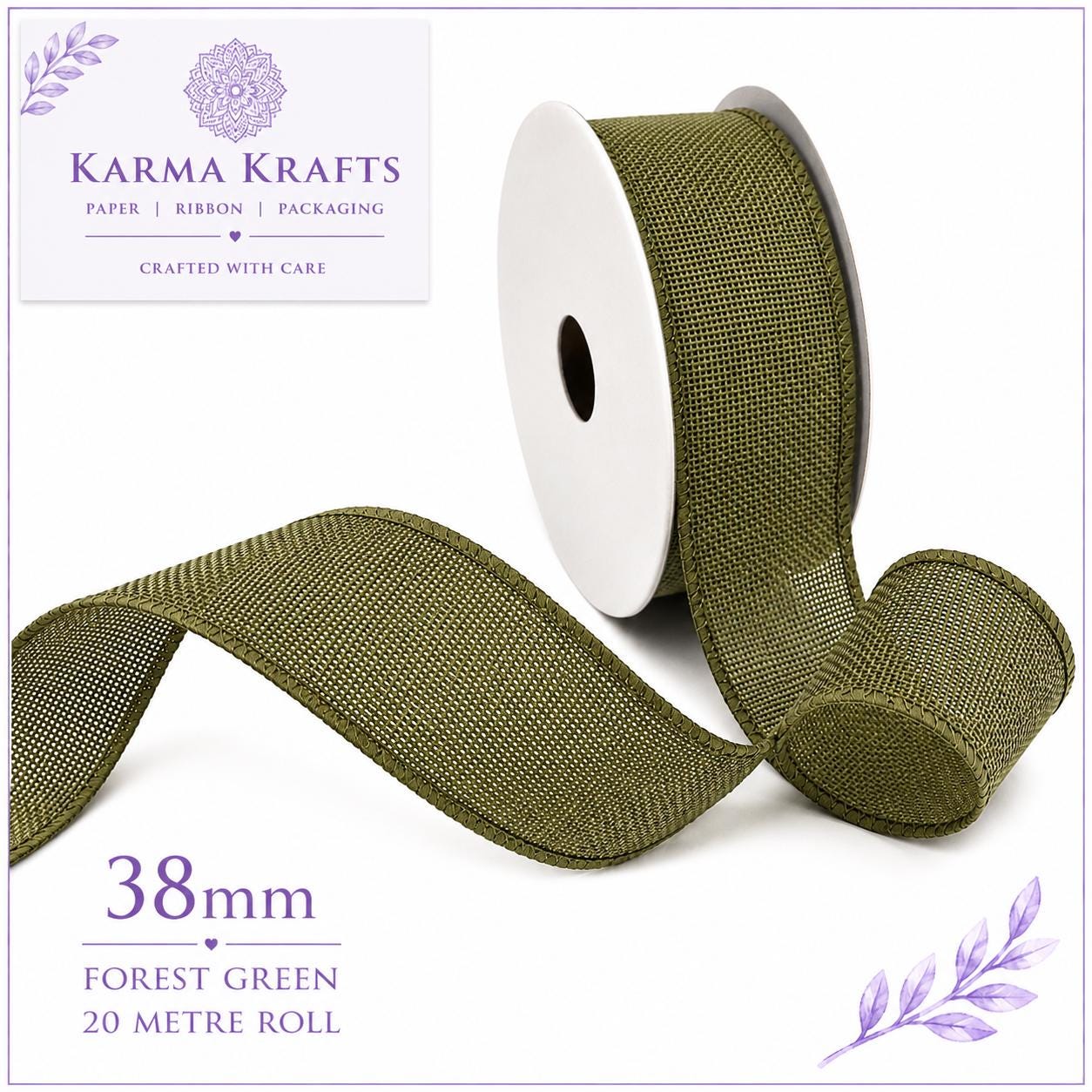 Forest Green 38mm x 20m Roll | Woven Decorative Ribbon | Gift Wrapping Ribbon | Florist Ribbon | Wedding Crafts & Hampers