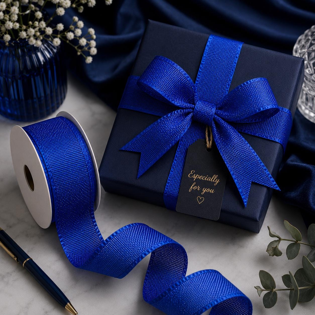 Royal Blue 38mm x 20m Roll | Woven Decorative Ribbon | Gift Wrapping Ribbon | Florist Ribbon | Wedding Crafts & Hampers