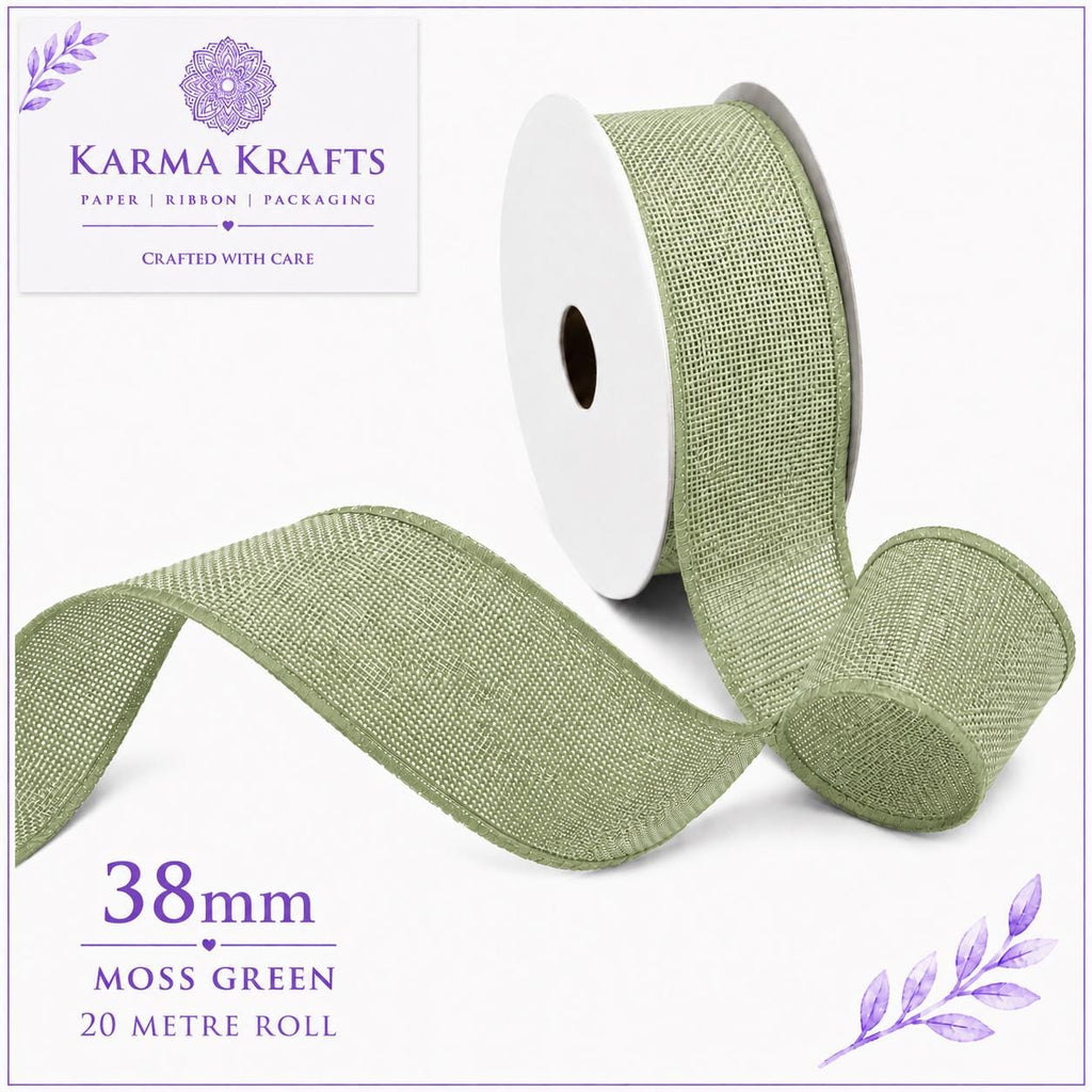 Moss Green 38mm x 20m Roll | Woven Decorative Ribbon | Gift Wrapping Ribbon | Florist Ribbon | Wedding Crafts & Hampers