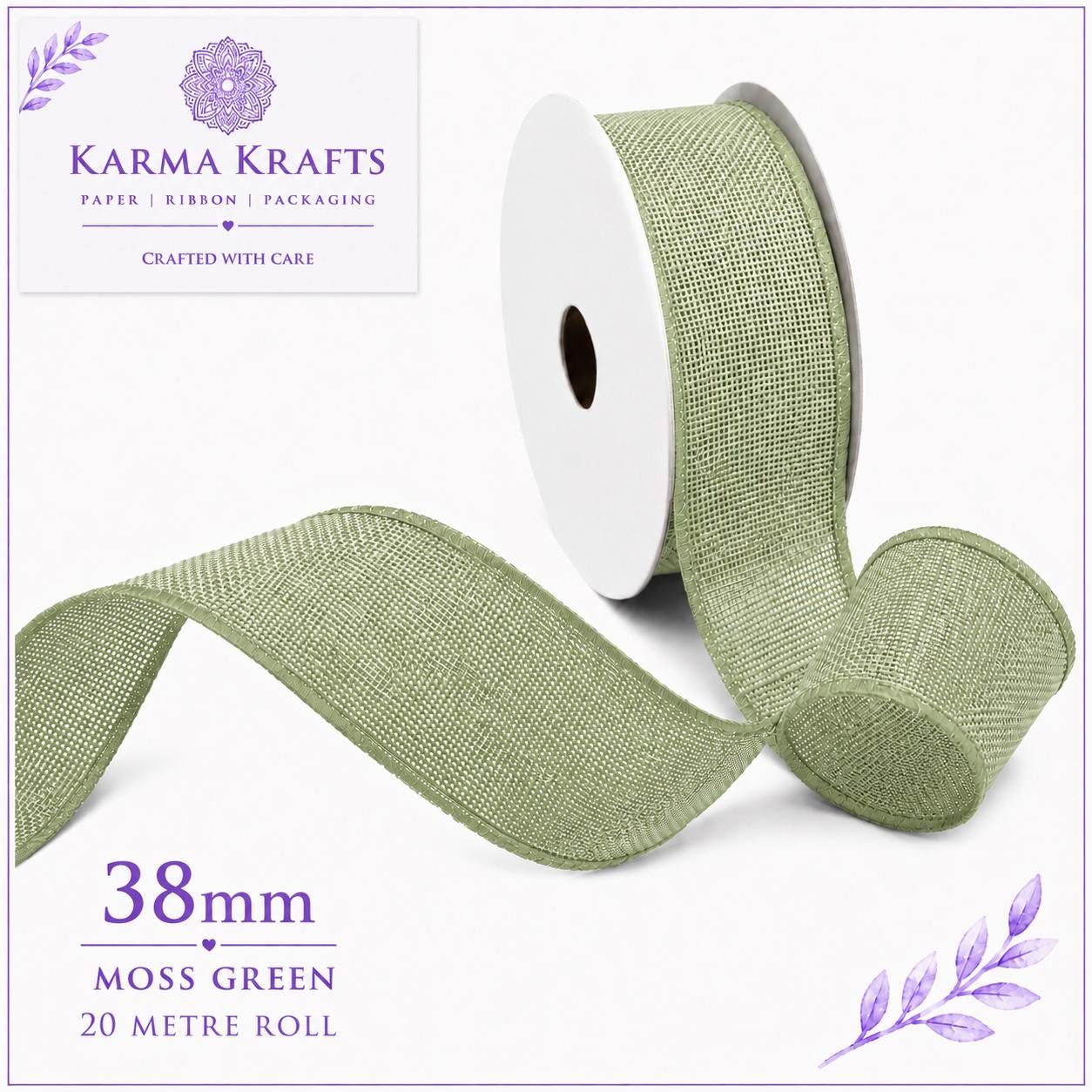 Moss Green 38mm x 20m Roll | Woven Decorative Ribbon | Gift Wrapping Ribbon | Florist Ribbon | Wedding Crafts & Hampers