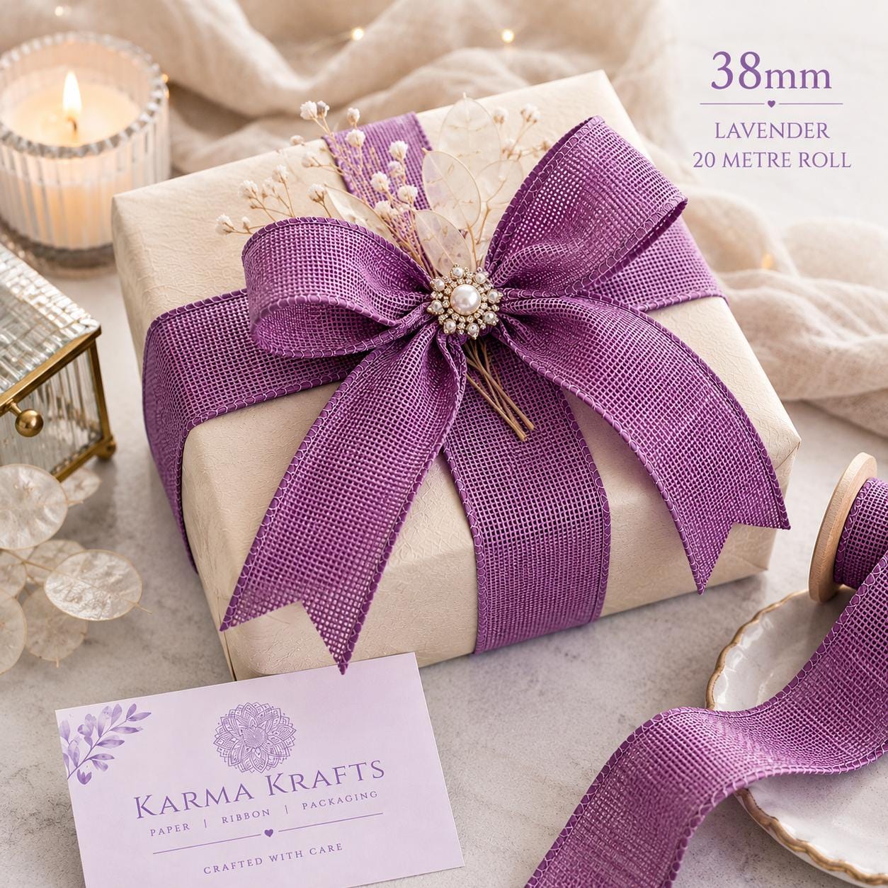 Lavender Ribbon 38mm x 20m Roll | Woven Decorative Ribbon | Gift Wrapping Ribbon | Florist Ribbon | Wedding Crafts & Hampers