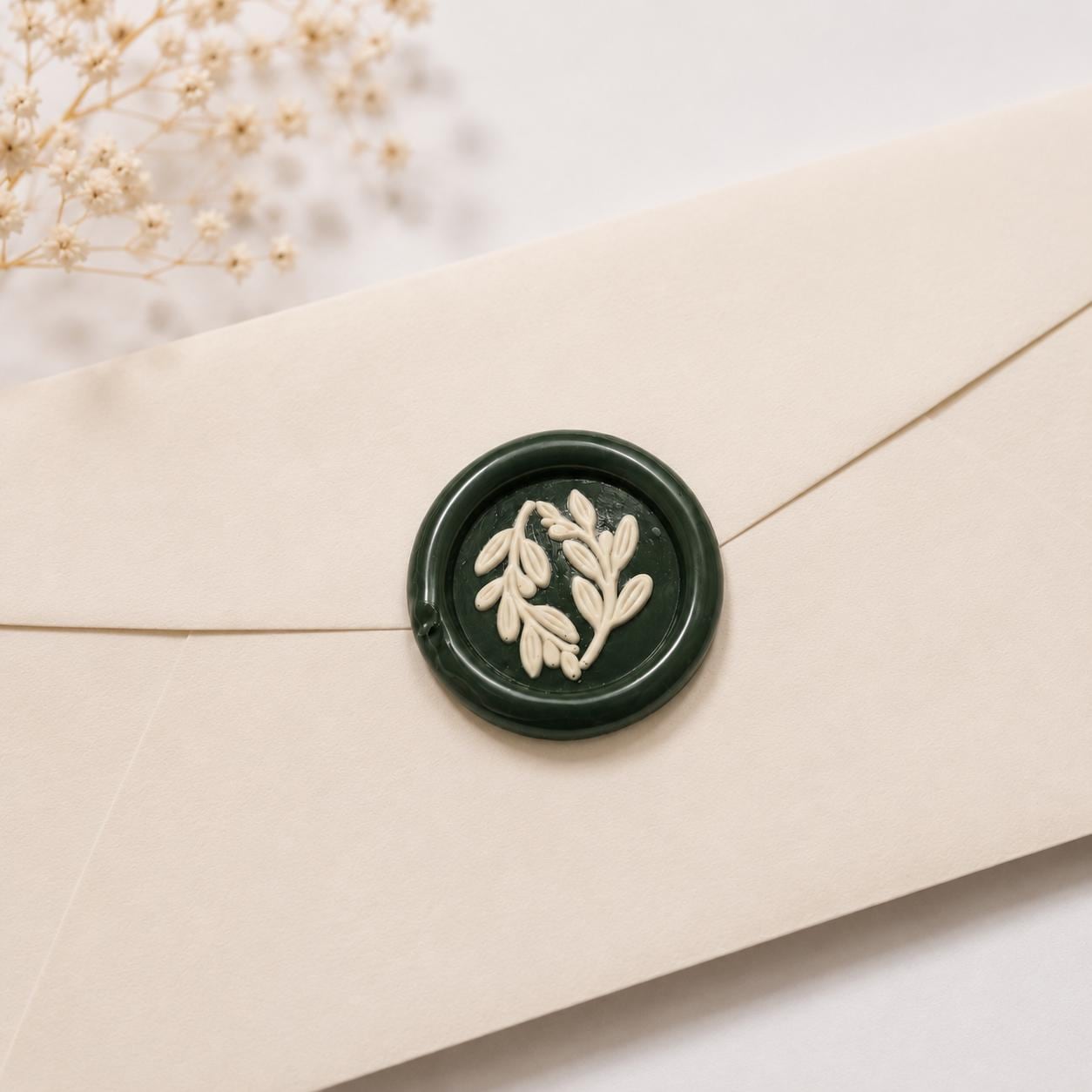 Olive Leaf Wax Seal Stickers | Handmade Floral Wedding Invitation Seals | Self Adhesive Envelope Seals
